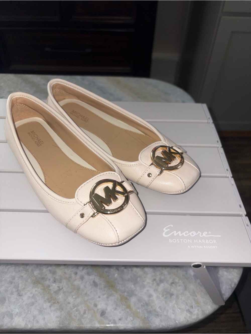 Michael Kors Cream Leather MK Logo Ballet Flats